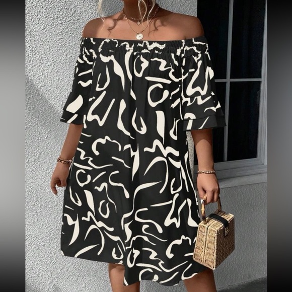 Boho plus size off shoulder flounce sleeve dress - Picture 1 of 6